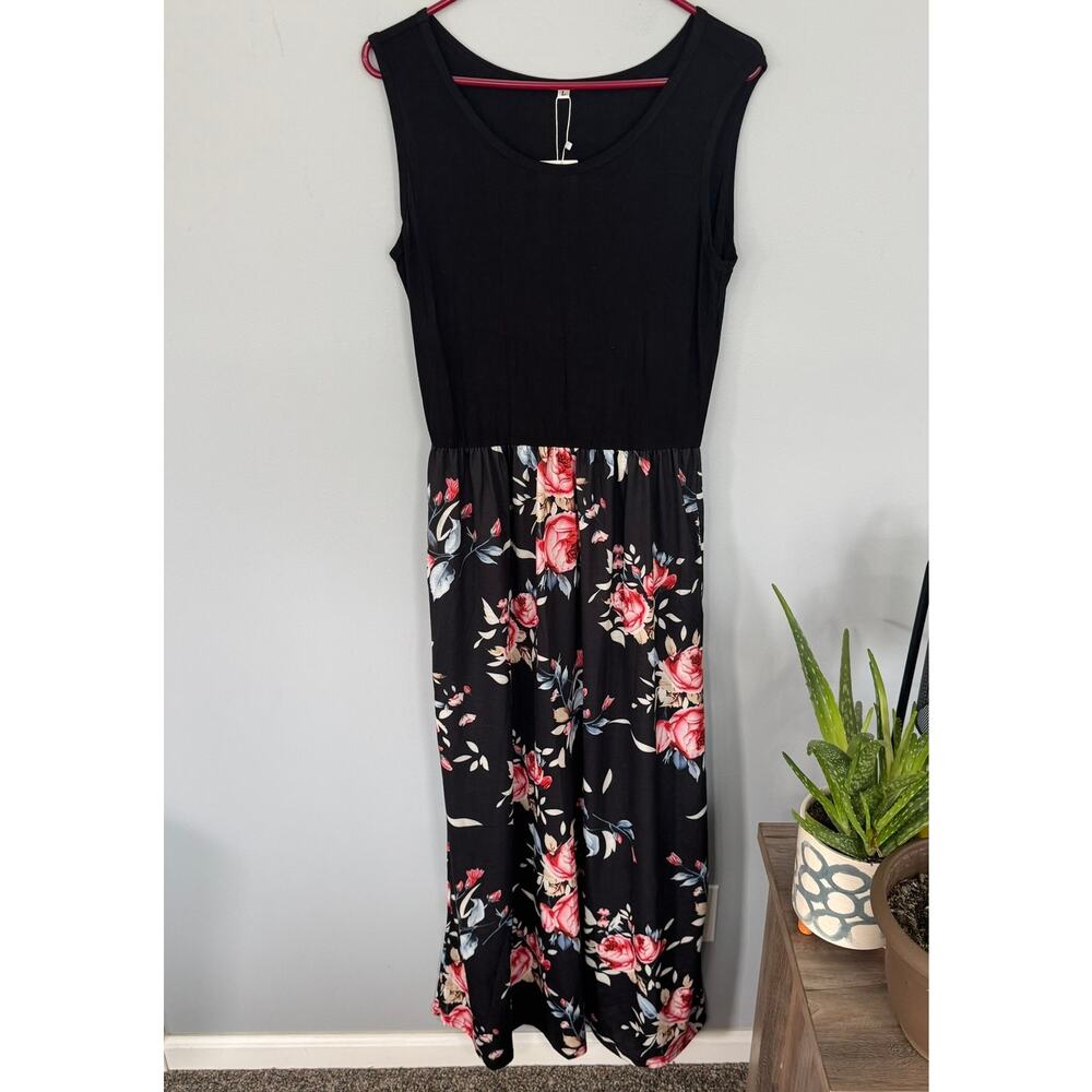 NWT Auselily Sleeveless Maxi Dress Size Large Black & Floral w/ Spandex Pockets